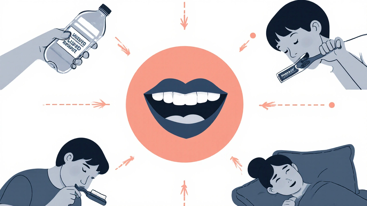 Daily habits for dry mouth relief in circular layout