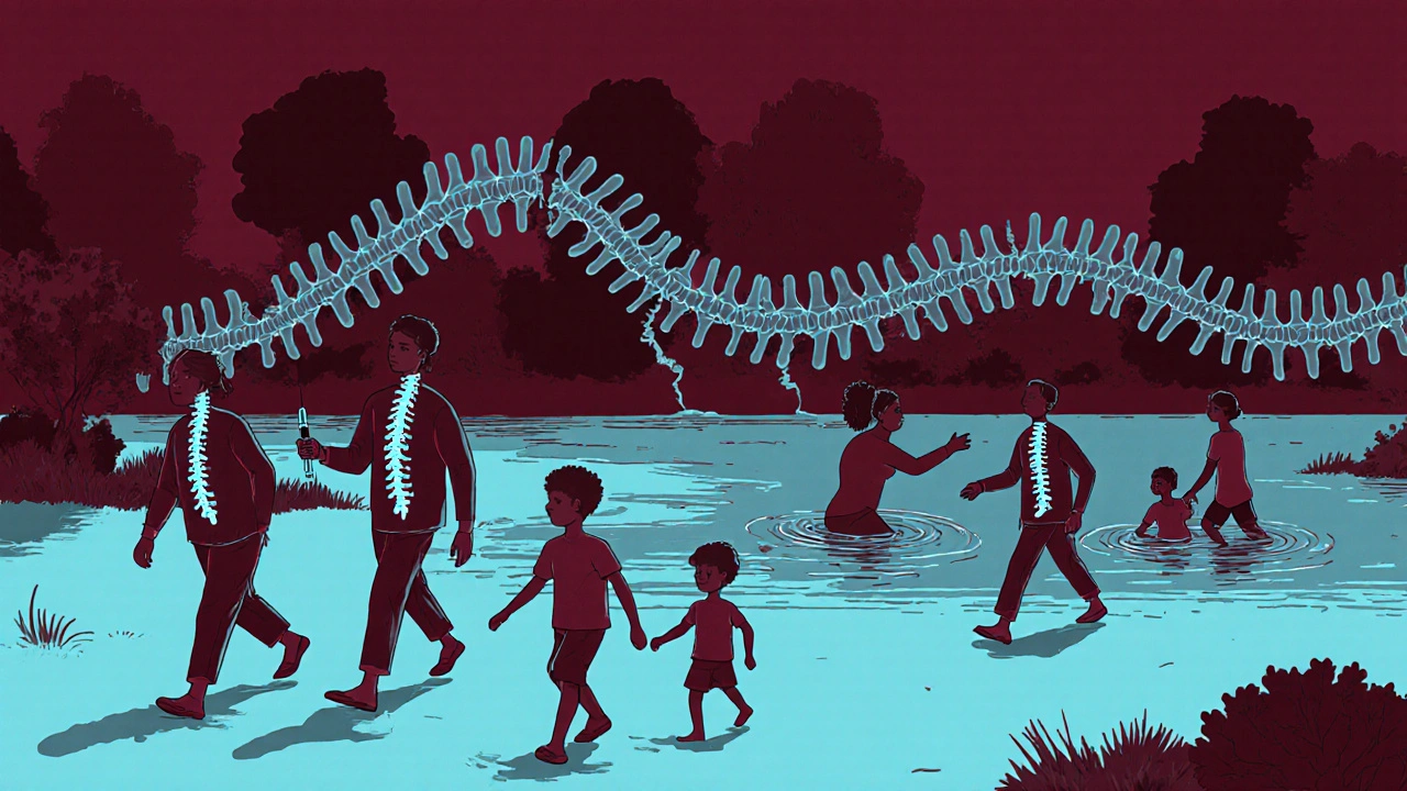 Diverse people enjoying daily activities with healthy glowing spines, while fused vertebrae break apart in the distance.