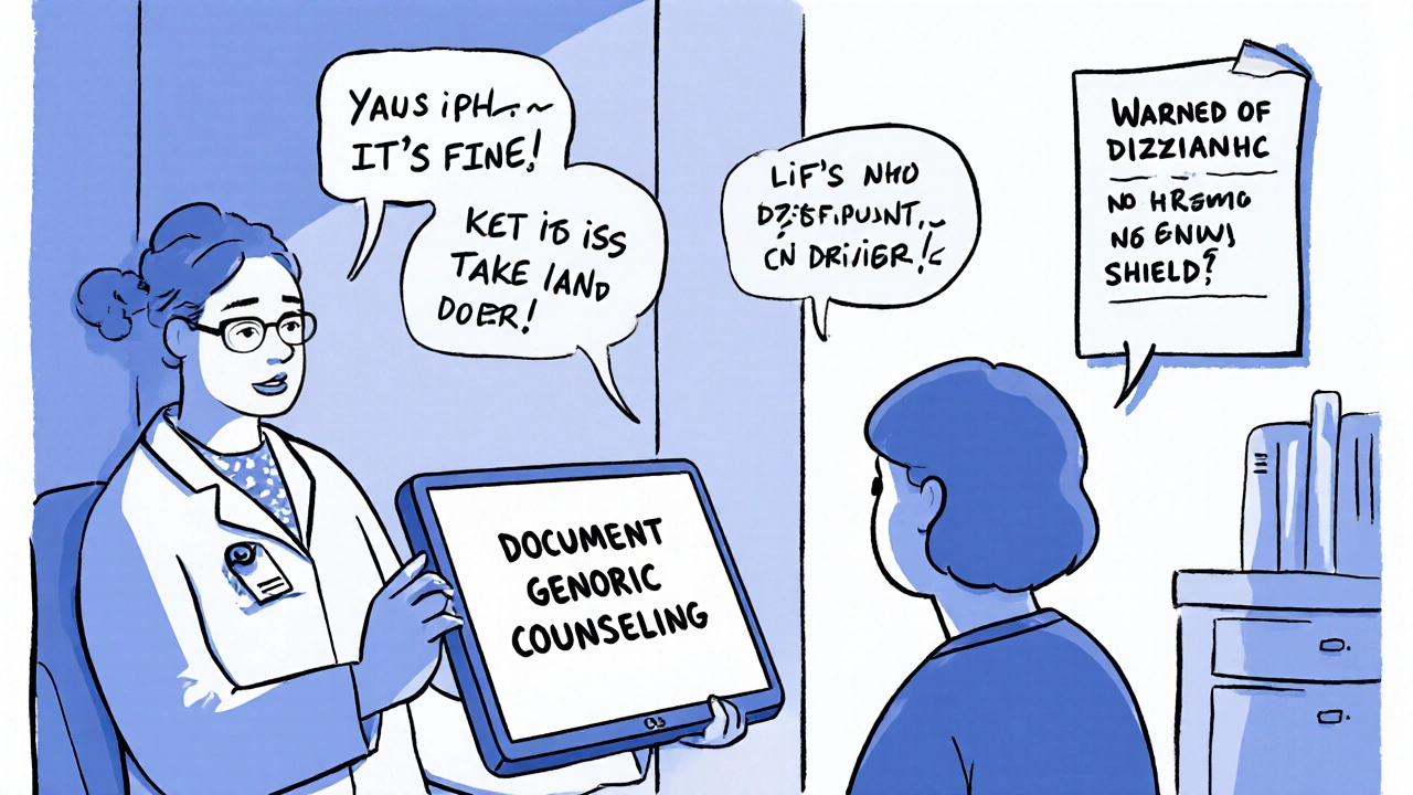 Doctor documenting generic drug counseling in EHR while patient speaks vaguely, highlighting the need for written warnings.