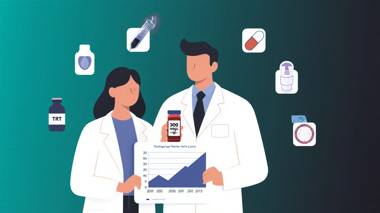 Doctor explaining testosterone treatment options using visual icons and blood test results.
