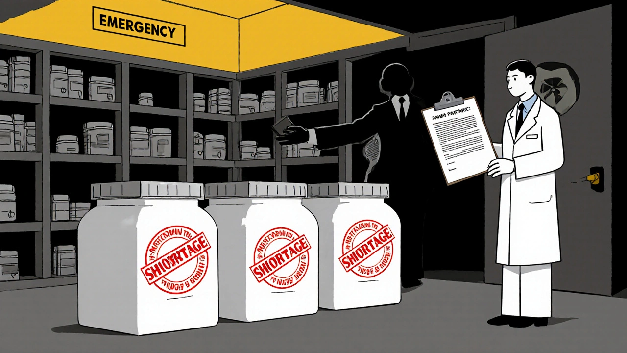 Empty drug bins marked &#039;SHORTAGE&#039; in hospital pharmacy, pharmacist holding 340B contract