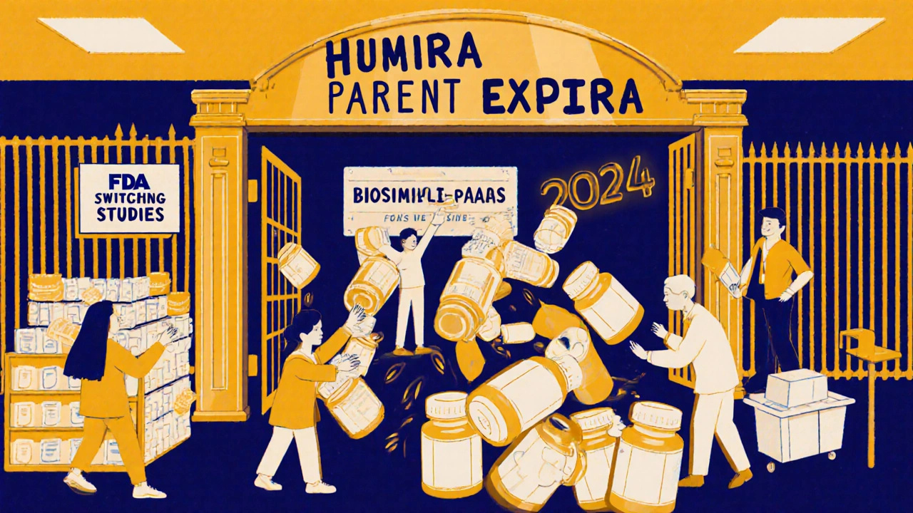 Golden gate opening to flood U.S. pharmacy with biosimilars as FDA removes regulatory obstacles in duotone illustration.