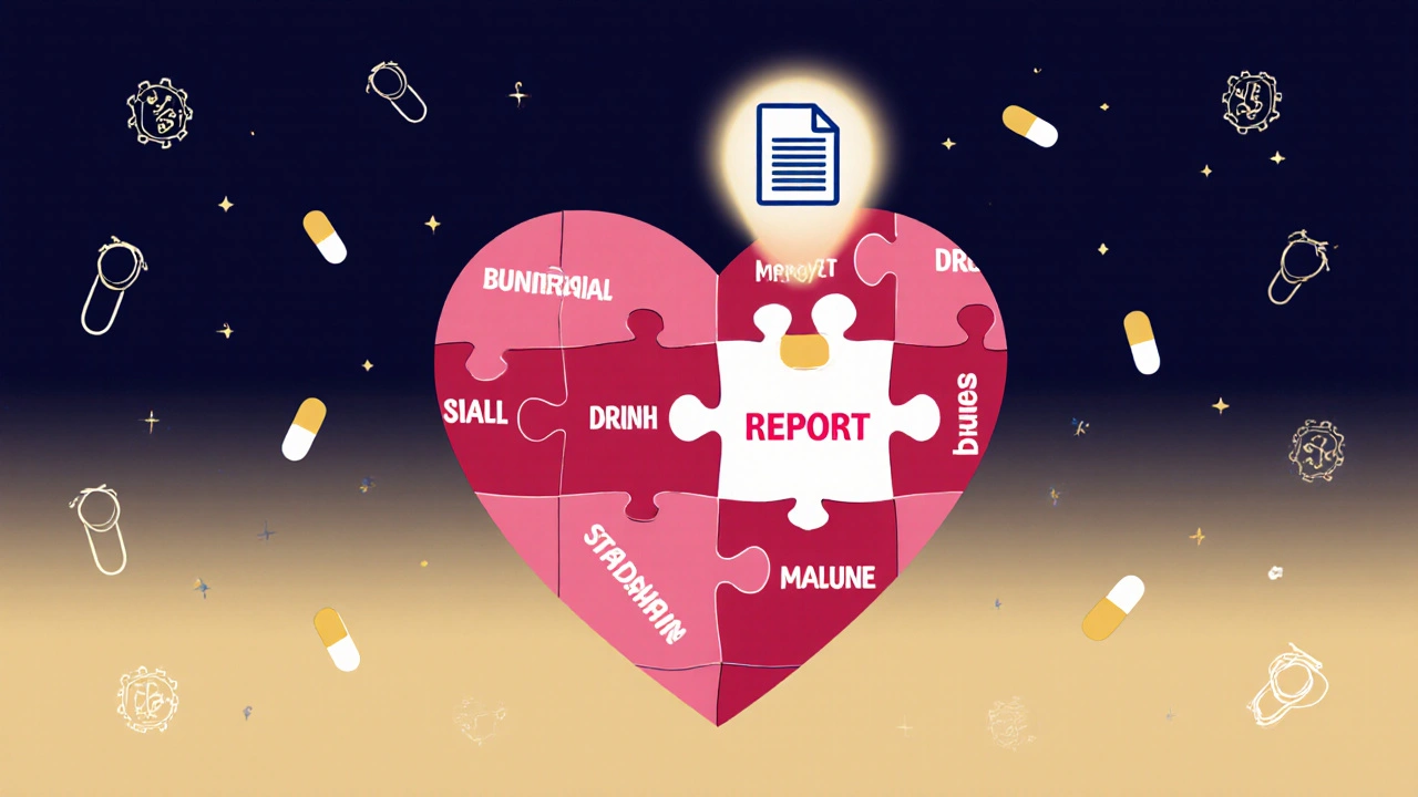 Human heart made of drug puzzle pieces, one glowing as a report connects them.