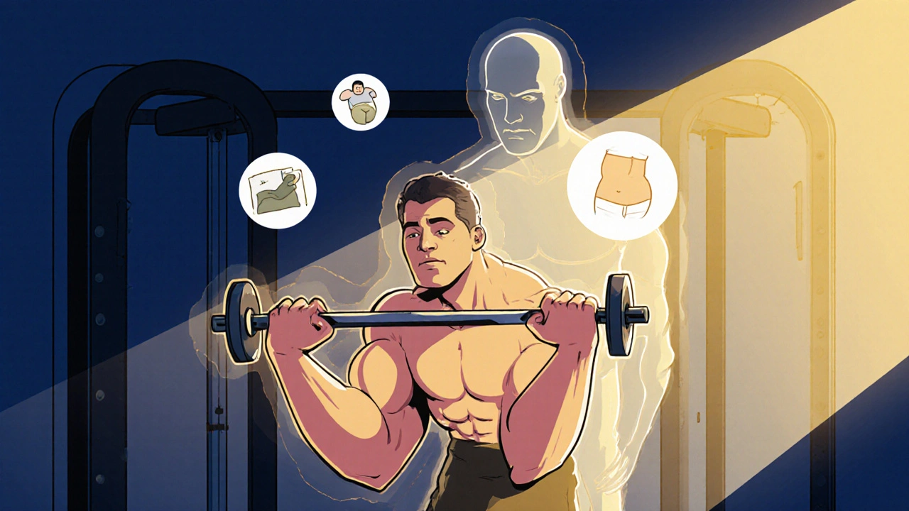 Man gaining muscle through TRT as his former tired self fades away.