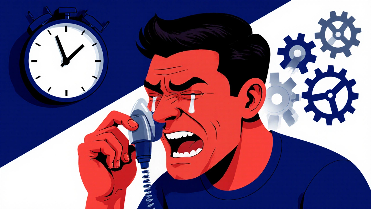 Man using oxygen mask during cluster headache attack with teary eye and clock showing nighttime.