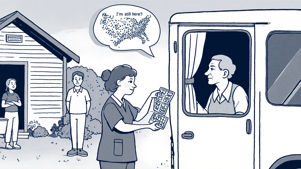 Mobile health worker delivering meds to a rural patient, family watching from inside their home.