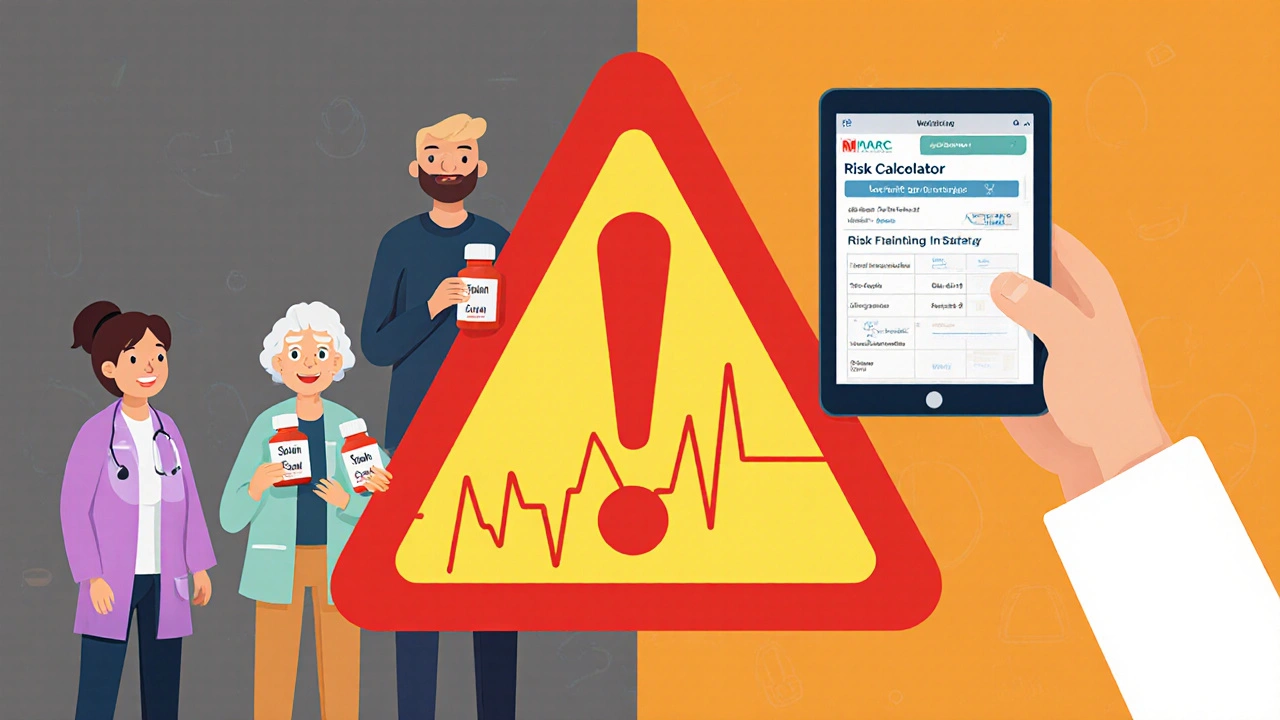 Patients with risk factors standing near an ECG warning sign, with a doctor holding a risk calculator tablet.