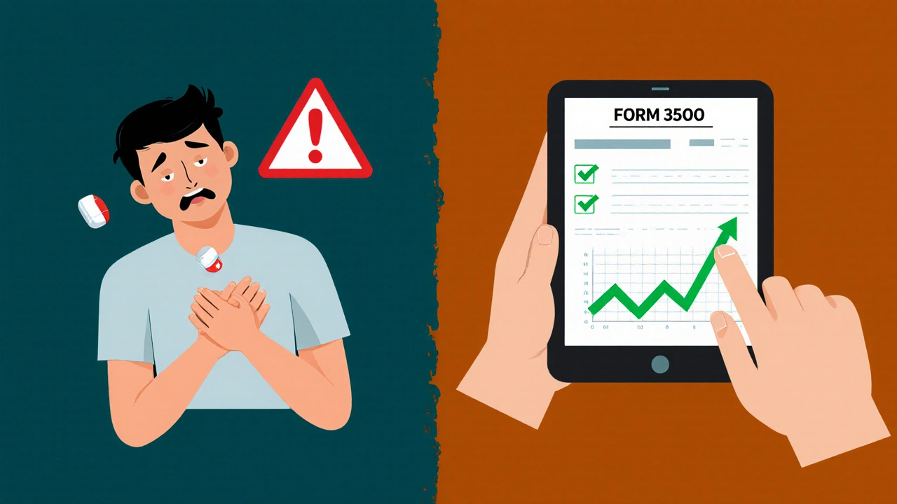 Person experiencing adverse reaction transitioning to reporting it safely online.