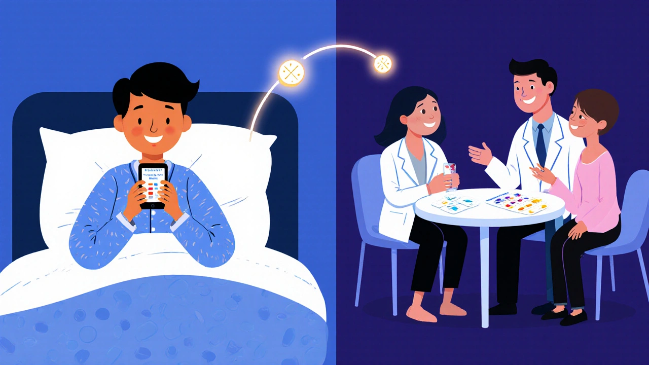 Person taking medication at home connected by light to a support group meeting with a pharmacist.