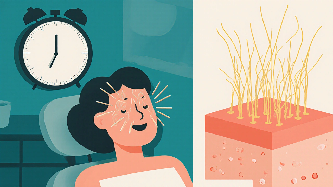 RF microneedling treatment with energy waves stimulating collagen repair in stylized medical setting.