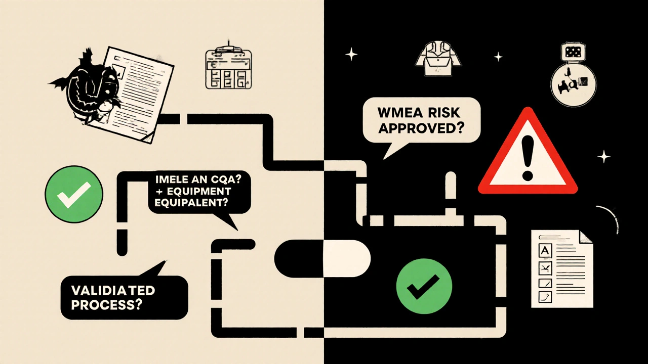 Risk assessment maze leading a pill to approval or warning letter, illustrated in duotone style.