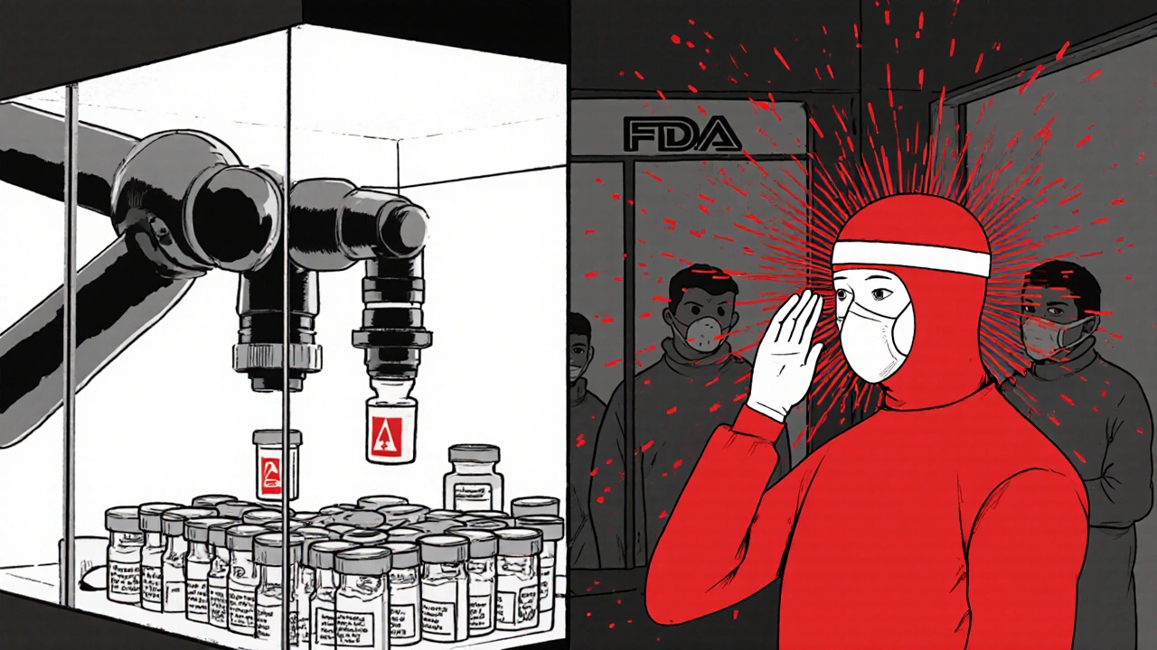 Robotic arm filling vials while a worker makes a contamination error, with FDA inspectors watching.