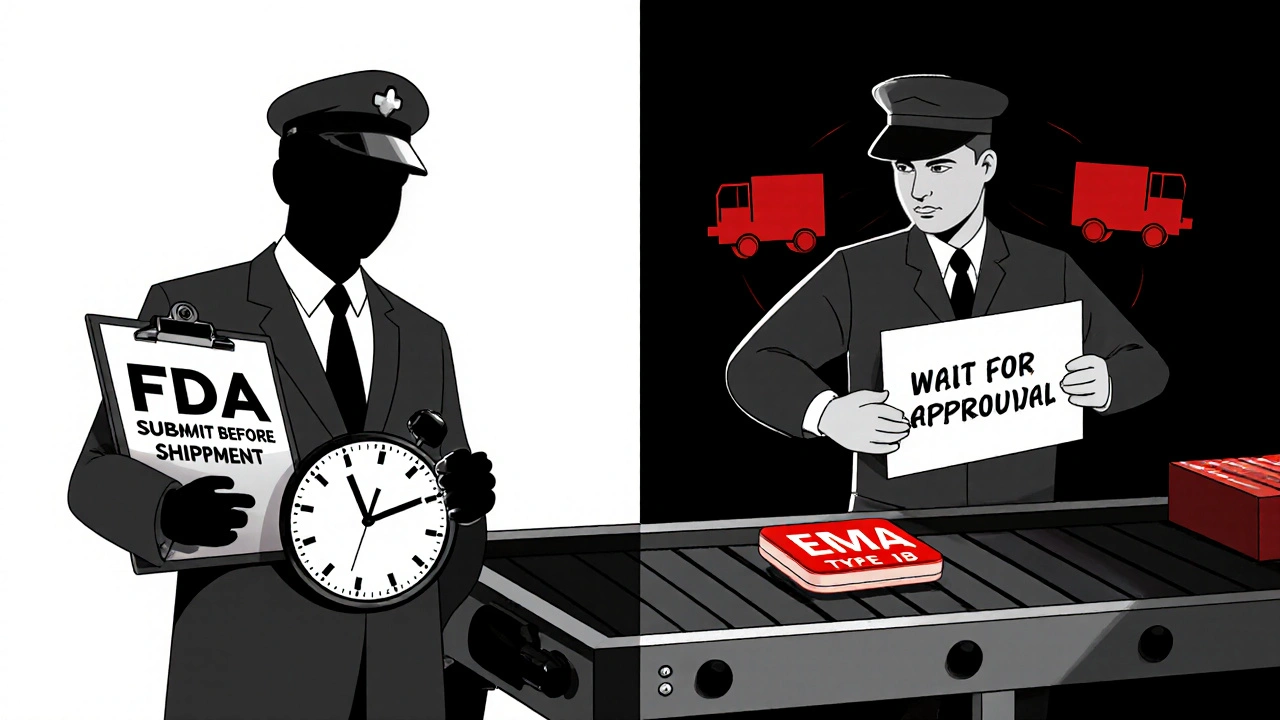 Side-by-side cartoon comparing U.S. and European pharmaceutical change approval systems.