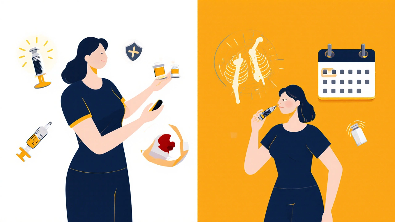 Side-by-side comparison of Evista pill versus Prolia injection with medical icons.