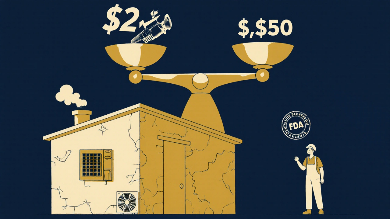 Small factory overwhelmed by cleanroom upgrade costs, with a syringe on a scale against millions.