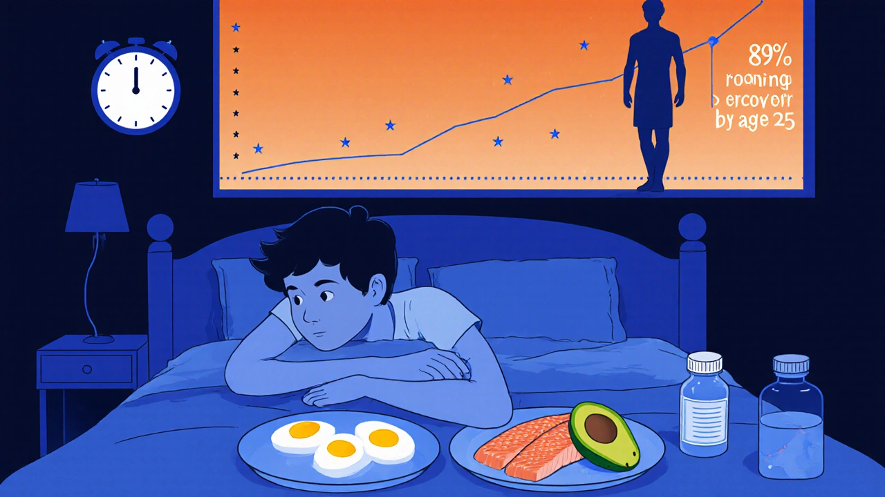 Teen eating nutrient-rich dinner at night, medication bottle nearby, growth trajectory rising above baseline.