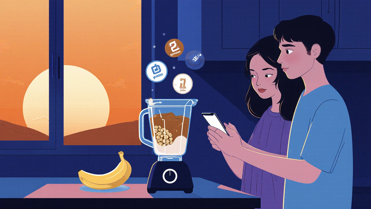 Teen making high-calorie smoothie at dawn as parent checks growth tracker on phone.