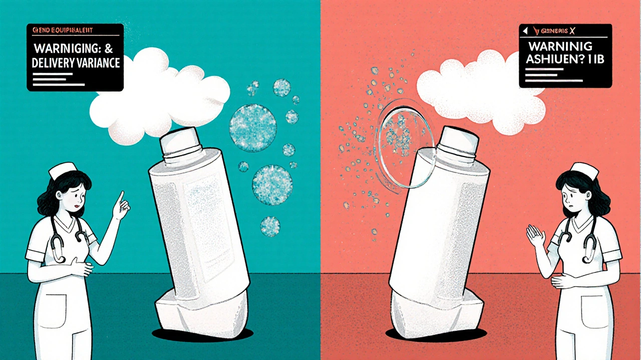 Two generic inhalers compared, one delivering medicine properly to lungs, the other failing