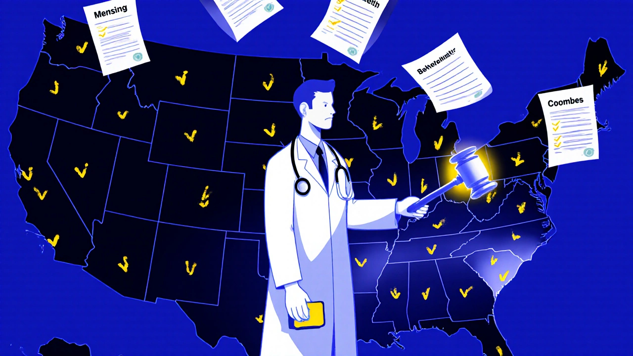 U.S. map showing states with silent generic substitution in shadow, doctor holding gavel and stethoscope amid legal case names.