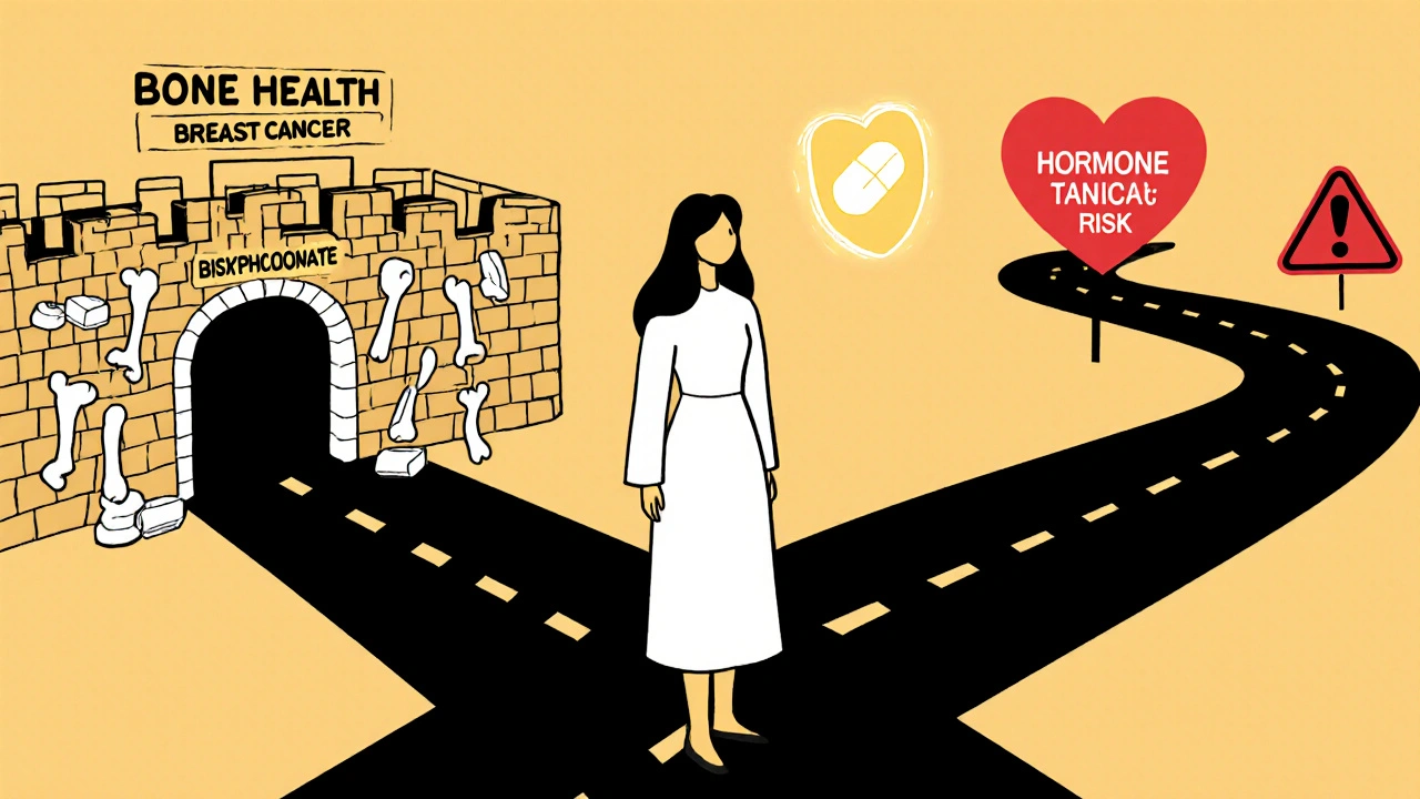 Woman at crossroads choosing between bone health options with symbolic paths.