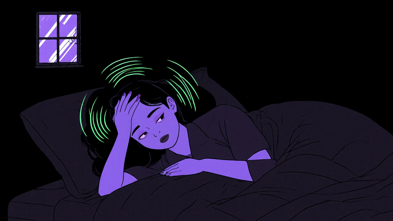 Woman in dark room with throbbing pain and light sensitivity, representing migraine.