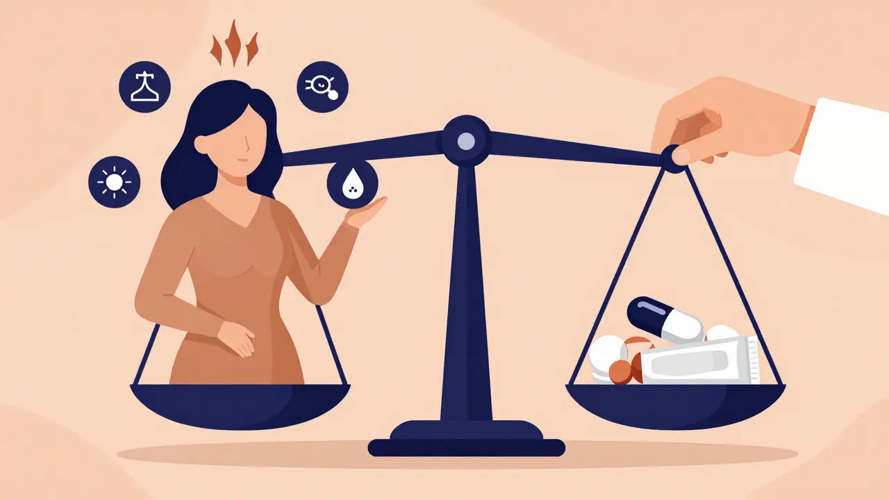 A balanced scale comparing menopause symptoms with non-hormonal treatment options.