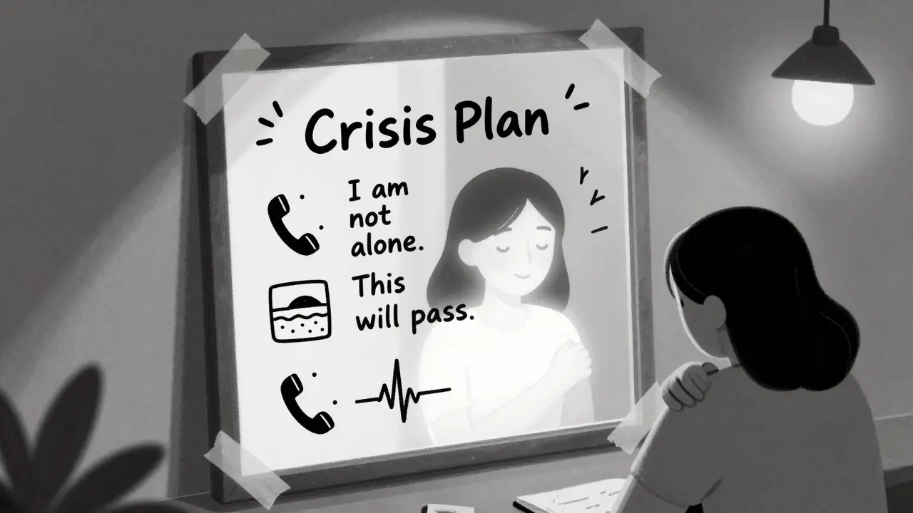 A crisis plan on a mirror reflection, showing a calm self surrounded by words of reassurance.
