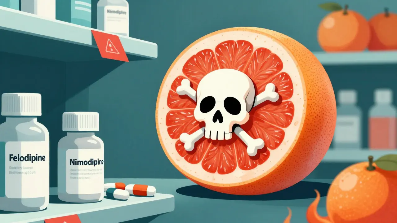 A giant warning grapefruit with skull pattern overshadowing medication bottles, safe citrus glowing in background, duotone cartoon style.