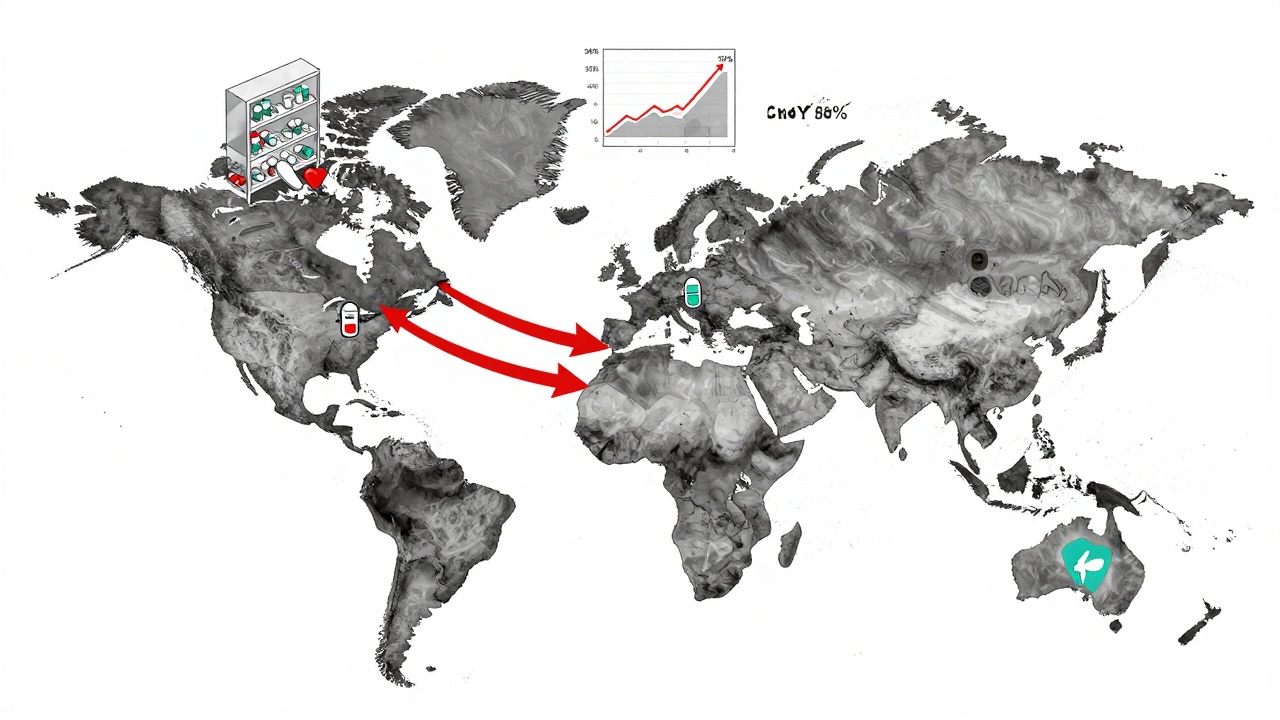 A global map showing polypill distribution spreading from the U.S. to other countries with rising adherence graph.