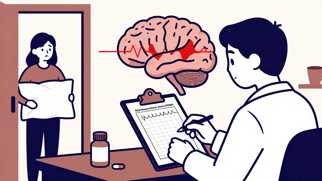 A neurologist examines a sleep study chart while a partner watches, with brain activity and medication bottles on the desk.