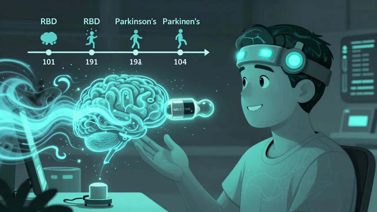 A patient in a clinical trial receives a new drug that calms chaotic brain signals linked to dream enactment.