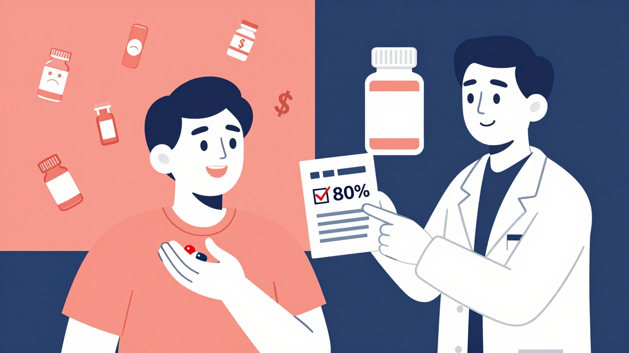 A patient smiling with two pills, next to a pharmacist showing cost savings on a prescription label.