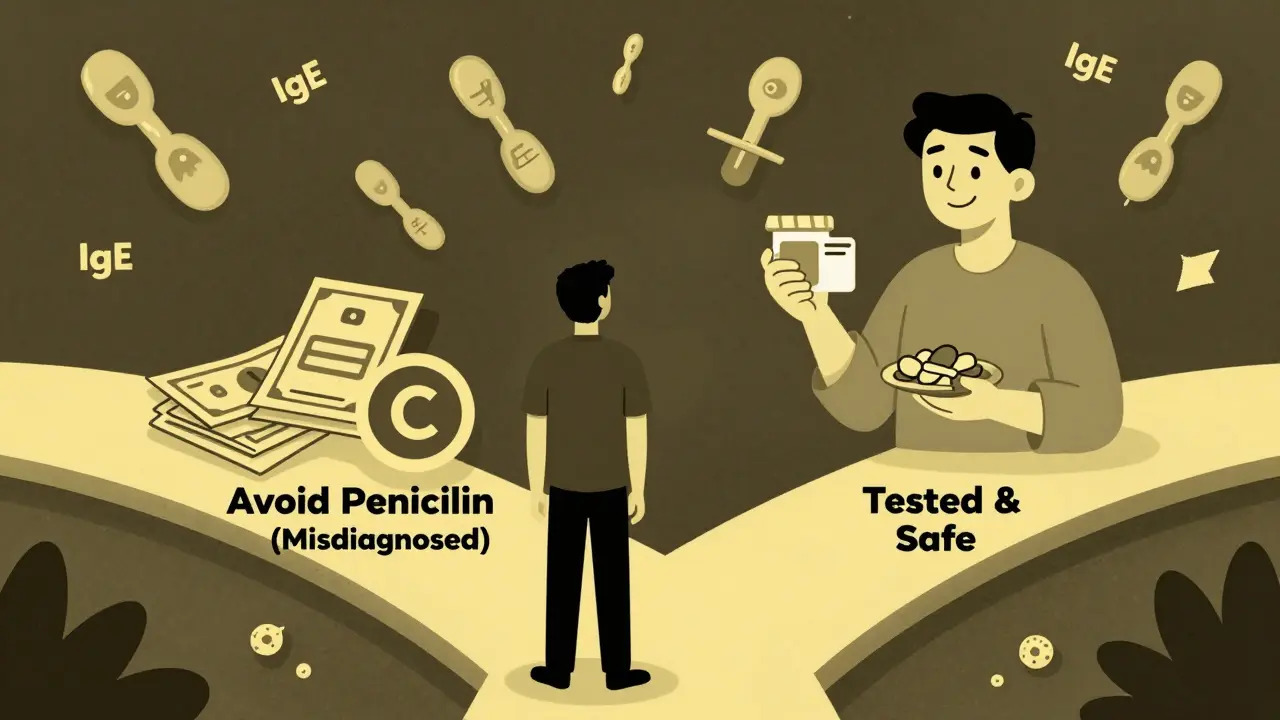 A person at a crossroads choosing between misdiagnosed penicillin avoidance and safe tested treatment, with medical symbols guiding the paths.