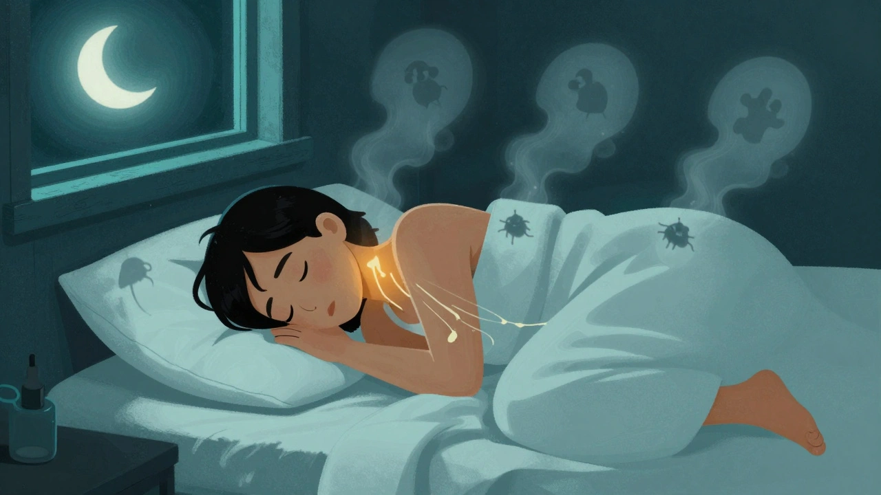 A person sleeping peacefully as mite shadows vanish, marked by a glowing cream trail.