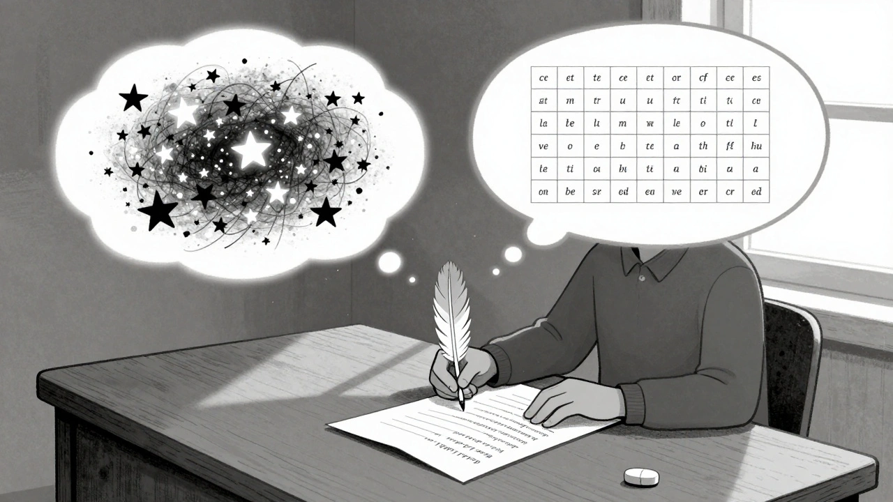 A poet writes at a desk, torn between wild, glowing ideas and sterile, ordered words, a pill beside them.