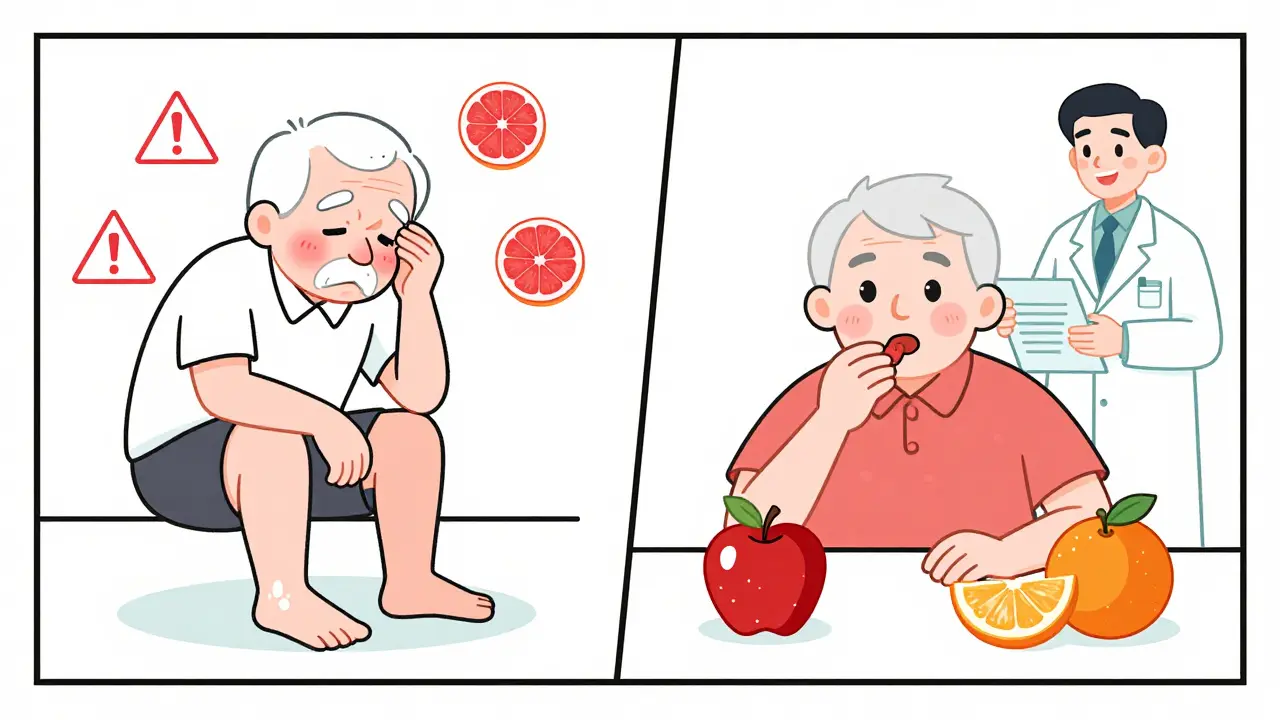 An elderly person experiencing dizziness from grapefruit on one side, safely eating fruit on the other, with pharmacist in duotone illustration.