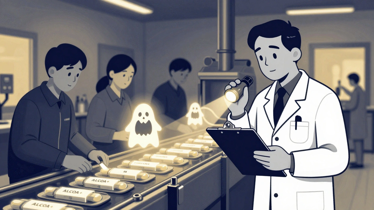 An FDA inspector observing a global drug production line, with ALCOA+ principles glowing above the conveyor.