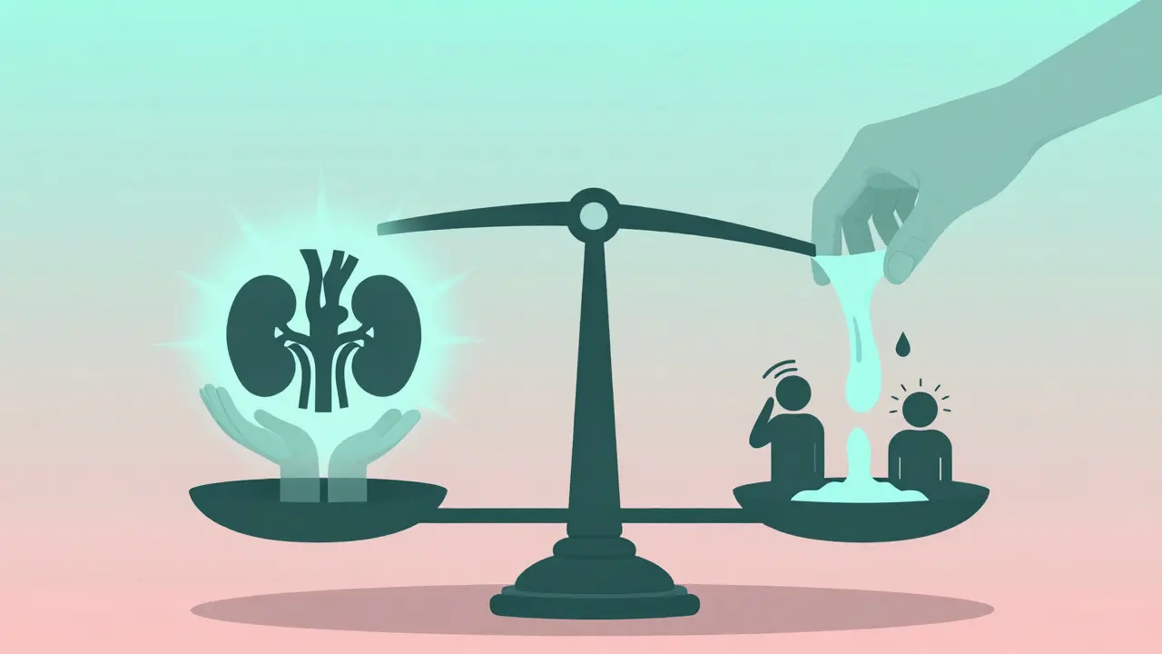 Balanced scale representing heart and kidney benefits versus side effects of SGLT2 inhibitors.