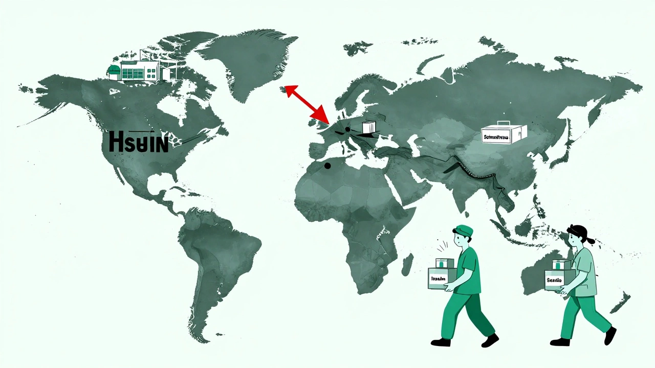 Broken global supply chain map with exhausted workers struggling to deliver medicine boxes.