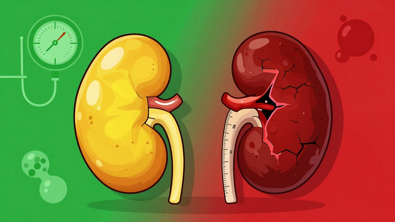 Contrasting benign and suspicious adrenal tumors side by side, with a 4cm ruler highlighting size risk.