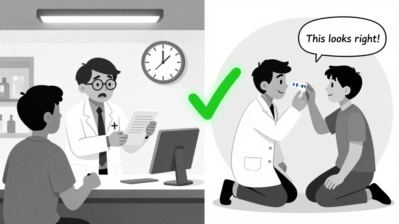 Contrasting rushed vs. thoughtful pharmacy counseling, showing the difference in patient interaction and safety outcomes.