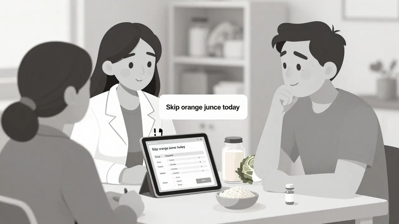 Dietitian and patient reviewing nutrient limits on tablet, with renal-friendly foods and phosphate binders.