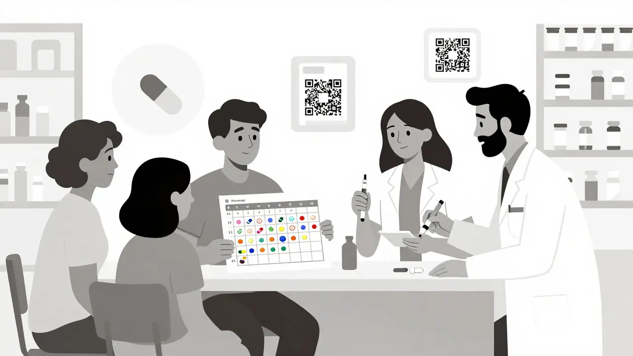 Diverse patients with personalized medication schedules and visual aids in pharmacy