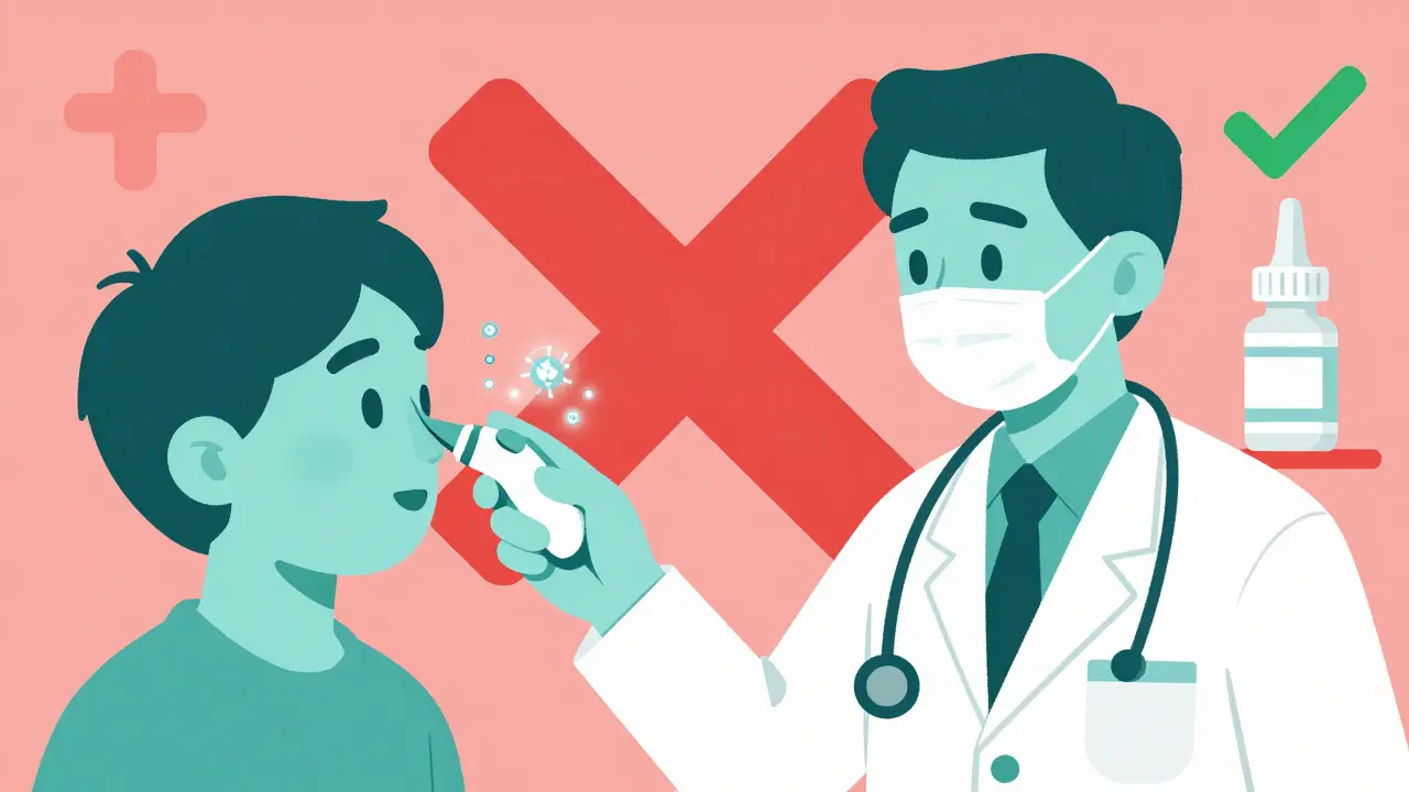 Doctor using a rapid test device to detect bacteria, with antibiotics crossed out and nasal spray approved.