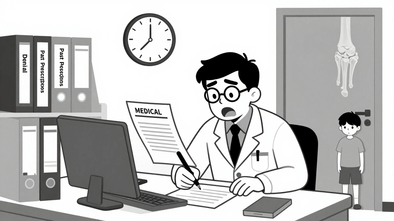 Doctor writing a medical exception letter surrounded by denial files and a ticking clock, patient waiting outside.