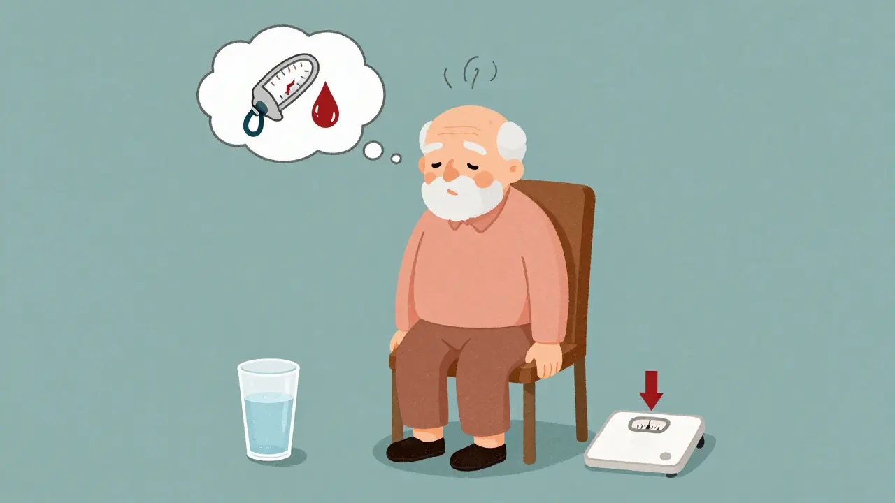 Elderly person standing slowly, with visual cues of dizziness and hydration.