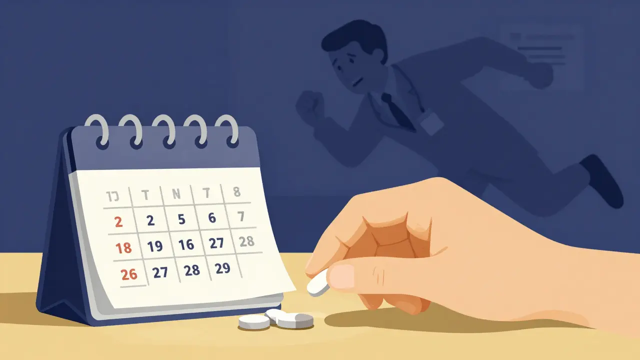 Hand placing a pill in organizer beside a calendar with follow-up dates, contrasting patient care with rushed medical system.