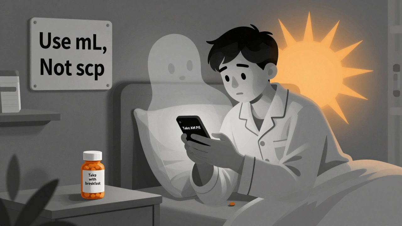 Night-shift worker taking medication at 3 a.m. with alarm and pill bottle on nightstand.