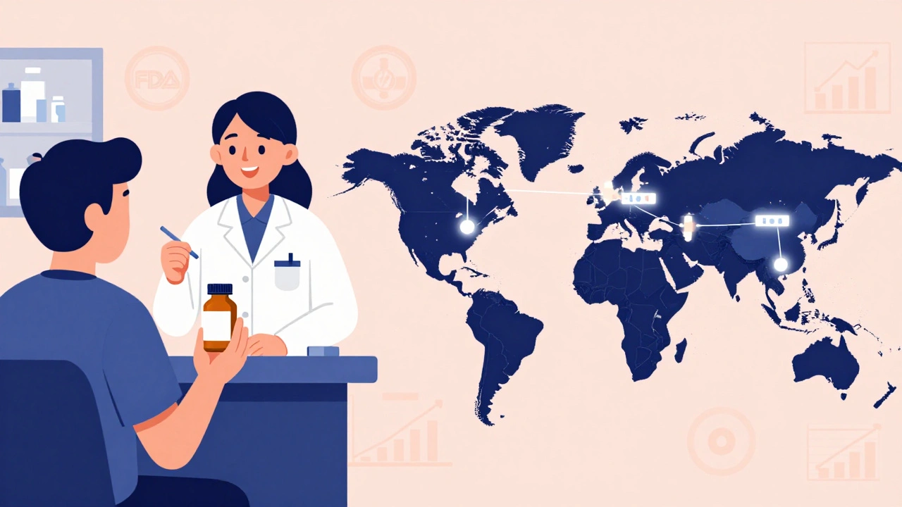 Patient and pharmacist with global supply chain map connecting generic drug production to U.S. pharmacies.