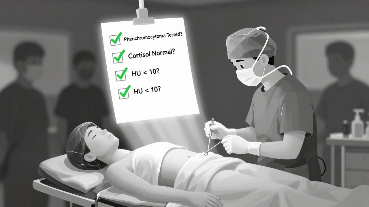 Patient undergoing laparoscopic surgery with a floating medical checklist confirming safety steps.